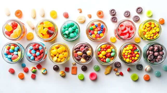 Koleksi Permen Warna Warni dalam Stoples Kaca dan Tersebar di Latar Belakang Putih Terisolasi