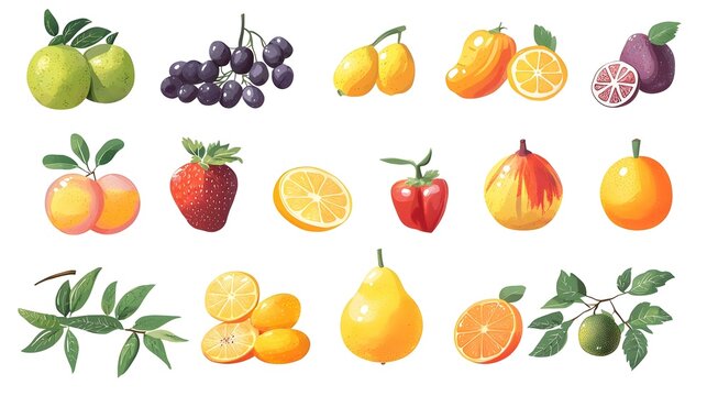 Ilustrasi Koleksi Buah Buahan Segar Berwarna Warni Terisolasi Latar Belakang Putih