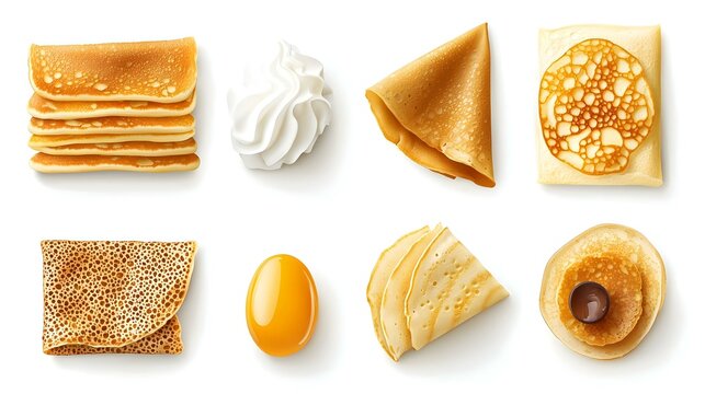 Berbagai Jenis Krep dan Panekuk dengan Krim Kocok dan Kuning Telur Terisolasi Pada Latar Belakang Putih