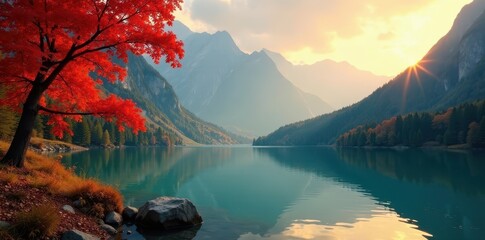 Crimson and gold foliage frames the still turquoise Hintersee at dawn , stock photo, October
