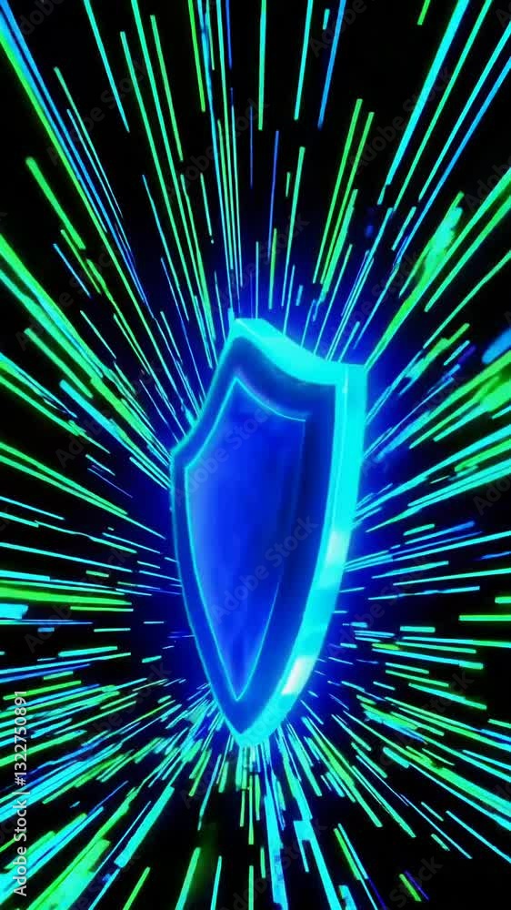 Poster pulsating neon shield with radiating streaks signifying cybersecurity defense