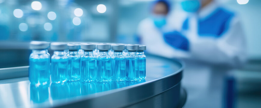 Close up of vials with blue liquid on conveyor in laboratory setting, showcasing sterile environment and advanced technology. scene conveys precision and innovation in pharmaceutical production