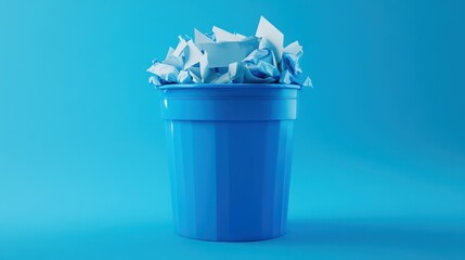 Blue bin overflowing papers, studio shot