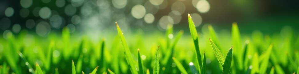 Fototapeta premium Close-up of water droplets on blades of grass, sprinkler in background, hydrating, detail, glistening