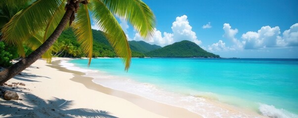 Close-up paradise beach, turquoise waves, lush palms, zen, sunny