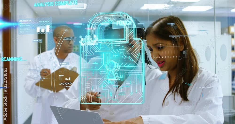 Poster scientists in lab coats analyzing data with digital lock animation overlay