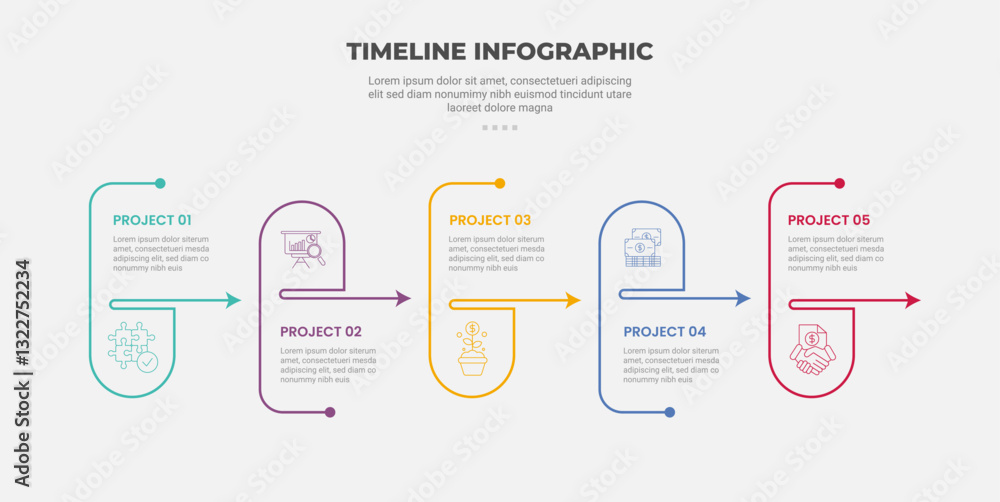 Aufkleber timeline infographic outline style with 5 point template with separate container with arrow on horiz