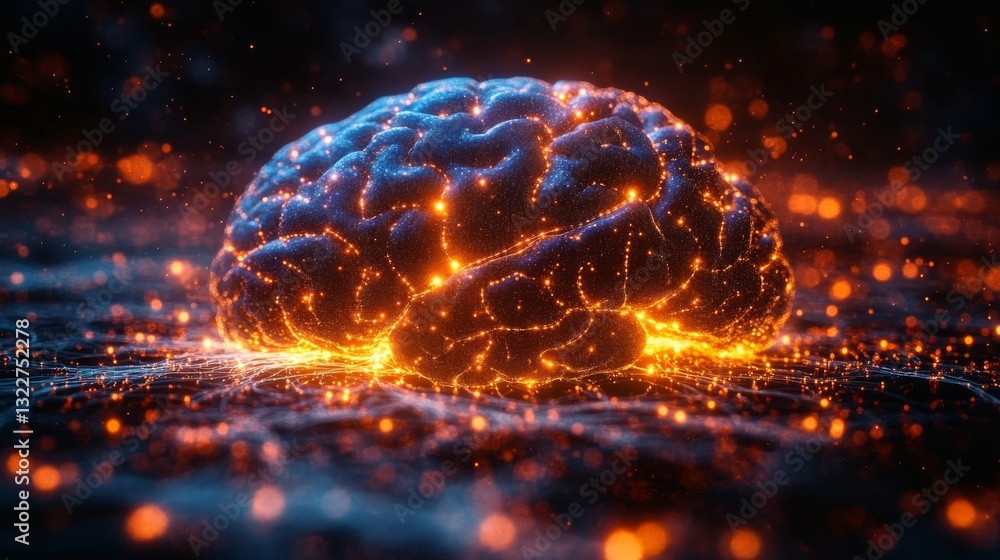 Fototapete An artistic illustration of a brain emanating glowing neural connections, symbolizing the intersection of quantum computing, qubits, and advanced algorithms.