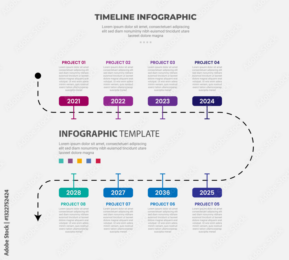 Poster timeline infographic outline style with 8 point template with yearly timeline on round box badge wit