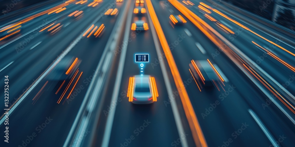 Poster 5g networks mobility concepts. dynamic traffic scene with illuminated vehicles on a busy highway.