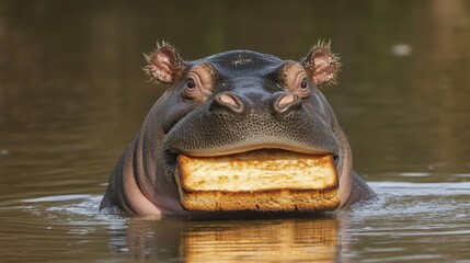 Hippo Swimming with Bread in Mouth Over Calm Water Surface
