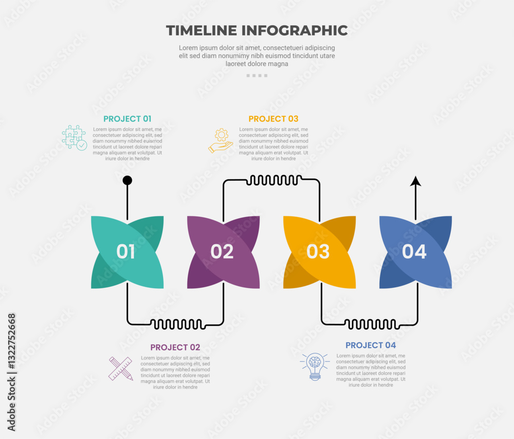 Poster timeline infographic outline style with 4 point template with creative flower shape with line swirl 