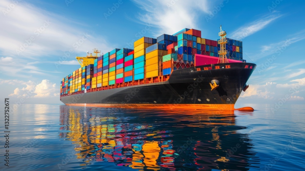 Poster A substantial container ship sails smoothly through calm waters under a bright sky, showcasing an array of colorful shipping containers stacked high on its deck.
