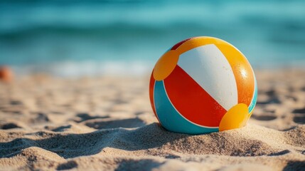 Obraz premium Colorful beach ball bouncing on the sand oceanfront high-resolution image summer vibes close-up view playful concept