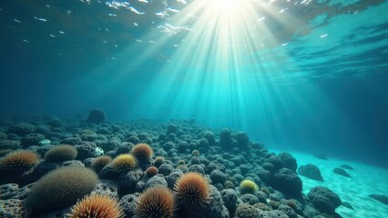 Fototapeta premium Sunlight streaming through ocean water over a colorful coral reef ecosystem 