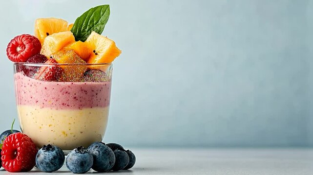 Colorful fruit parfait in a glass with layers of yogurt and fresh berries on a light background