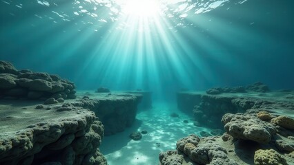 Sunlight filtering through clear ocean water over a coral reef with sandy seabed	