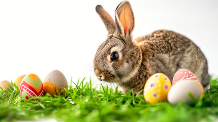 Easter Rabbit with eggs on the grass isolated on white background