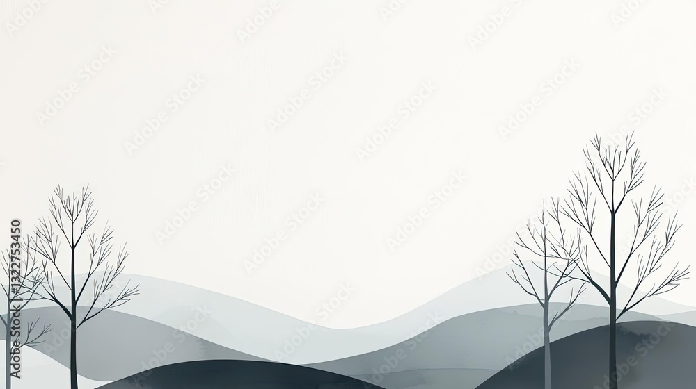 Poster ink illustration abstract background idea. abstract landscape featuring gentle hills and bare trees 