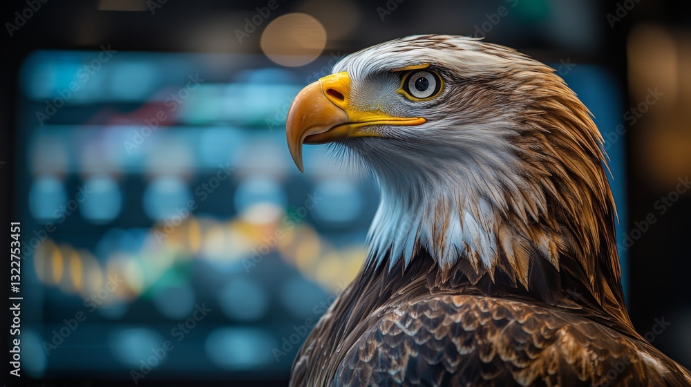 Aufkleber A bald eagle stands majestically, focused and attentive, as financial graphs flicker on a digital stock market display in the background, highlighting its keen observation.