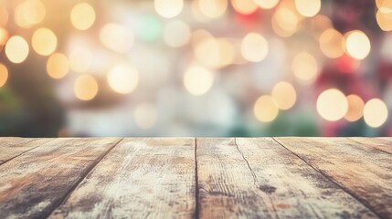 A rustic wooden table is positioned in front of softly glowing, colorful lights at an outdoor gathering during the evening hours