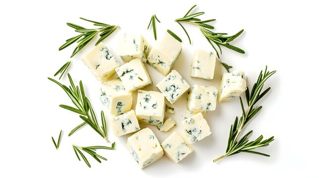 Potongan Keju Biru dan Rosemary Terisolasi dengan Latar Belakang Putih
