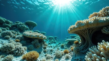 Naklejka premium Sunlight shining on a severely bleached coral reef with damaged marine ecosystem 