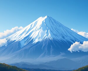 A snow covered mountain and blue sky with clouds