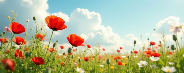 Fototapeta premium Delicate poppies and wildflowers sway gently in a summer breeze , landscape, sunlight
