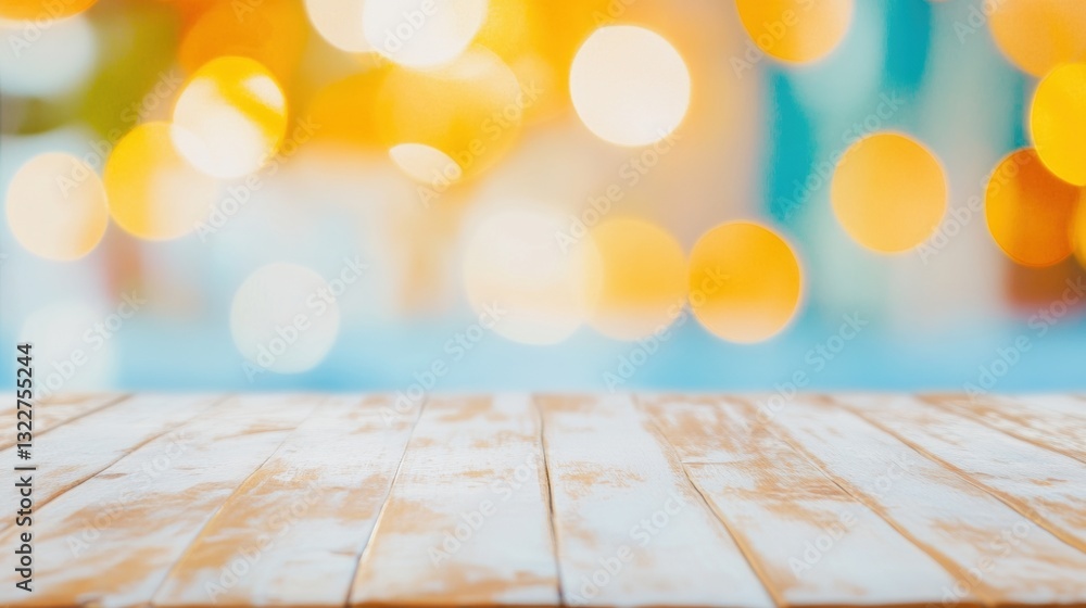 Poster soft bokeh lights twinkle around a rustic wooden table, setting a welcoming atmosphere for a summer 