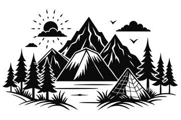 Obraz premium Mountain camping silhouette vector