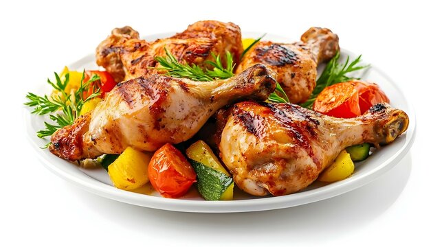 Ayam Panggang Paha dengan Sayuran Bakar dan Rosemary Terisolasi dengan Latar Belakang Putih