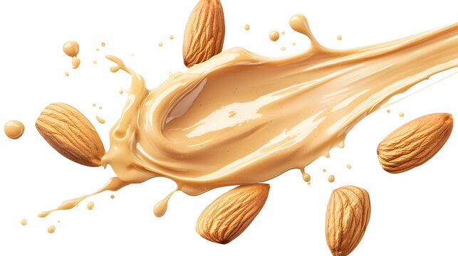 Cipratan Susu Almond dengan Kacang Almond Jatuh Terisolasi Latar Belakang Putih