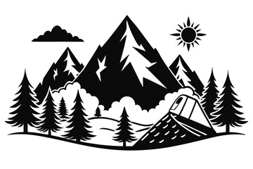 Black and white landscape panorama of mountains in the morning haze vector illustration