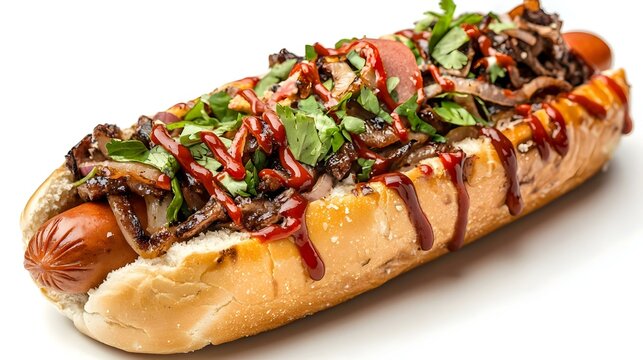 Hot Dog Lezat dengan Topping Karamelisasi dan Saus Merah Terisolasi Latar Belakang Putih
