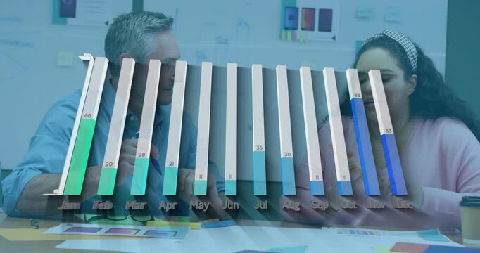 Business meeting with bar chart animation showing monthly data over two colleagues
