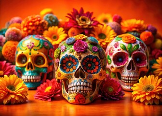 Day of the Dead Skulls, Floral Double Exposure, Orange Background, Festive, Lively, Sugar Skull Photography