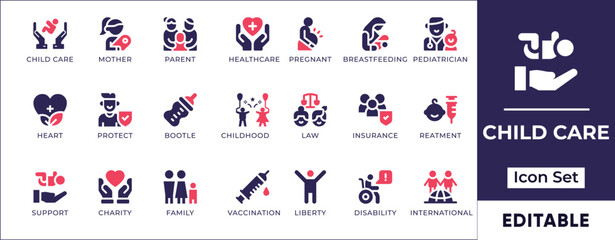 Child Care Icon Set. Featuring assistance, charity, children, help, infant, insurance, law, liberty, newborn, pediatric, solidarity, and support.