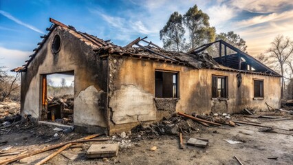 Fototapeta premium A fire-damaged dwelling, its structure weakened, stands as a testament to the destructive power of nature's fury, amidst a landscape of debris and charred remains.
