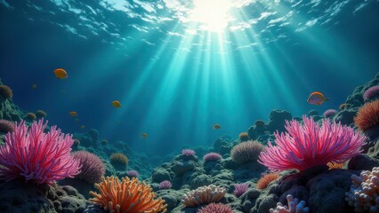 Naklejka premium Sunlight streaming through ocean water over a coral reef with colorful sea anemones 