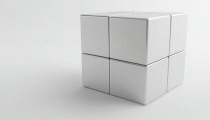 A minimalist white cube with smooth surfaces and subtle lines, showcasing a modern design aesthetic.