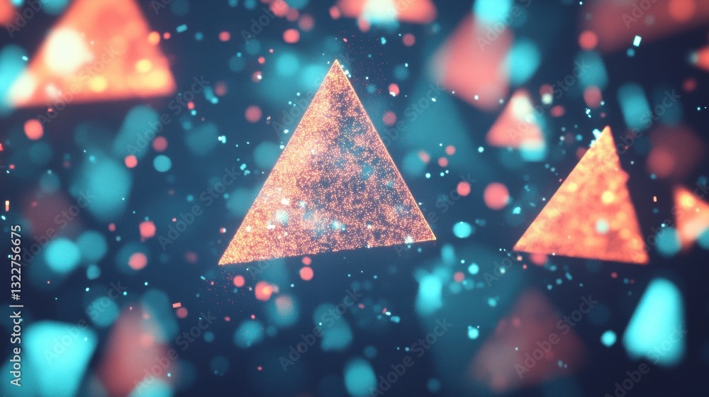 Poster triangular shapes in shades of orange and blue float in a vivid digital environment, surrounded by s