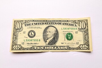 Old style ten dollar bill isolated on white background