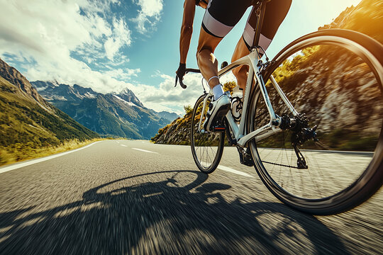 Cyclist riding fast on mountain road with scenic landscape