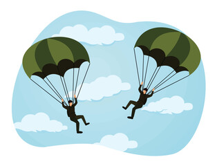 Military training. Two male paratroopers in a military uniform are flying with a parachute.