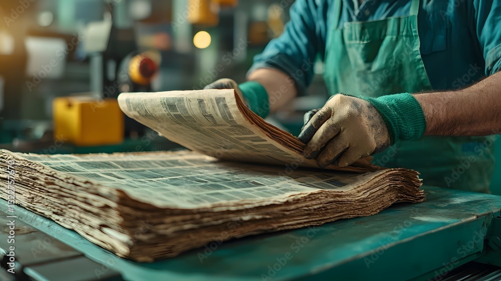 Poster photograph of an automated industrial turning old newspapers into recycled pulp with a blurred backg