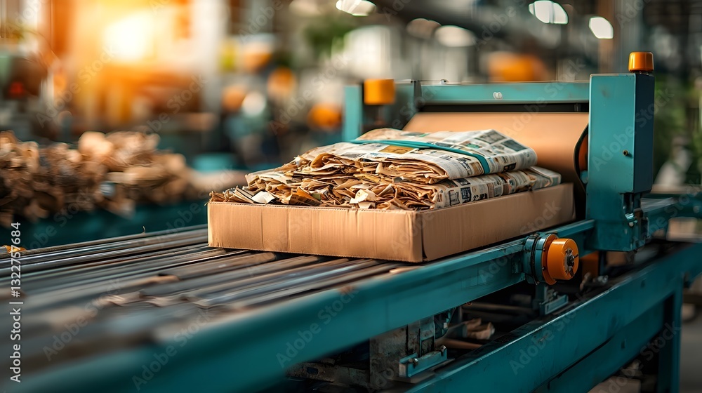 Poster automated industrial processing and transforming old newspapers into recycled paper pulp with blurre