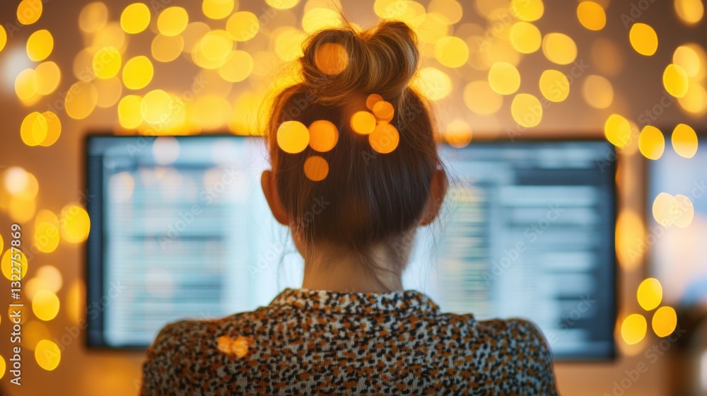 Poster a focused person sits in front of a computer screen, surrounded by warm, ambient lighting in a relax