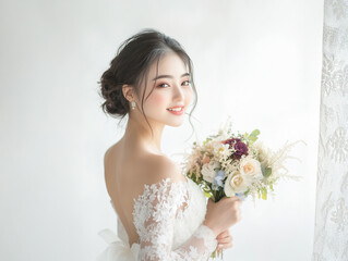 美しい背中が開いたウエディングドレスを着て花束を持つ花嫁