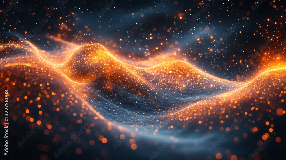 Poster An abstract representation illustrates the core principles of quantum mechanics including qubits in superposition and entanglement, showcasing particle interactions and decoherence.